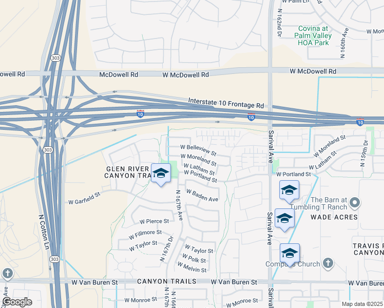 map of restaurants, bars, coffee shops, grocery stores, and more near 16642 West Moreland Street in Goodyear