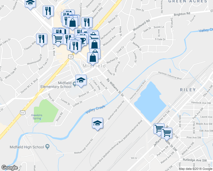 map of restaurants, bars, coffee shops, grocery stores, and more near 537 Karen Street in Birmingham