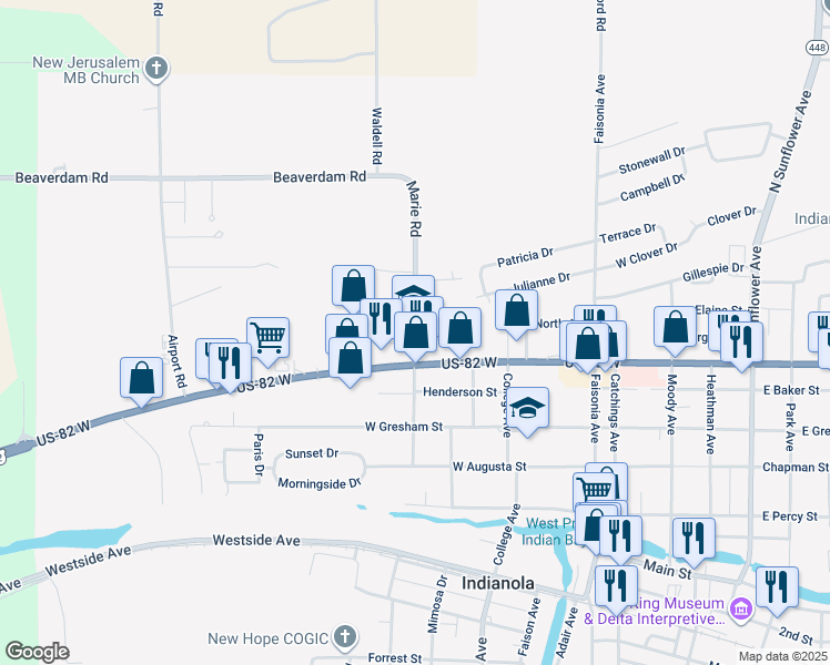map of restaurants, bars, coffee shops, grocery stores, and more near in Indianola