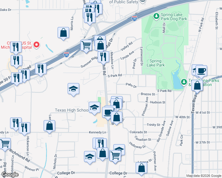 map of restaurants, bars, coffee shops, grocery stores, and more near 4412 Summerhill Road in Texarkana