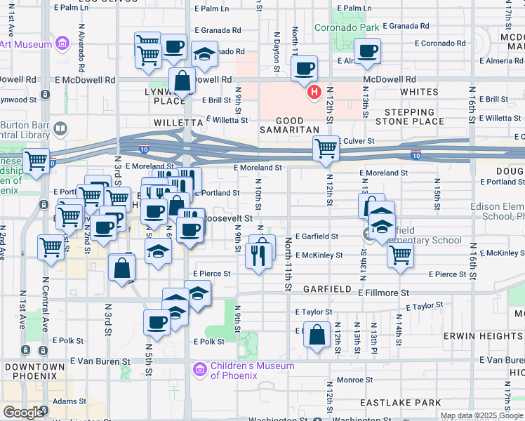 map of restaurants, bars, coffee shops, grocery stores, and more near 1009 North 10th Street in Phoenix