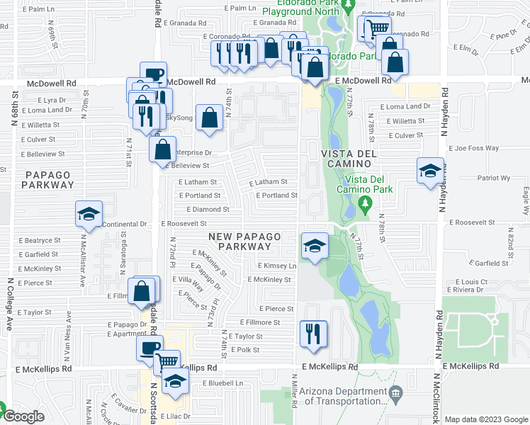 map of restaurants, bars, coffee shops, grocery stores, and more near 7431 East Diamond Street in Scottsdale