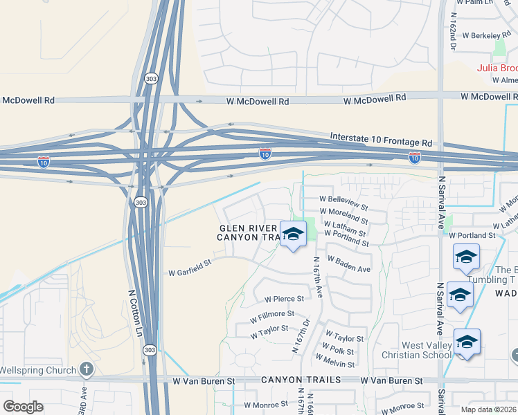 map of restaurants, bars, coffee shops, grocery stores, and more near 1206 North 168th Drive in Goodyear
