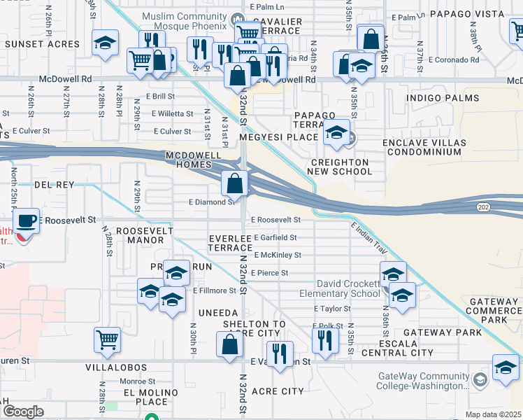 map of restaurants, bars, coffee shops, grocery stores, and more near 1030 North 32nd Street in Phoenix