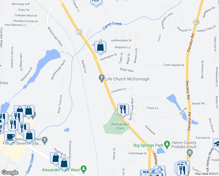 map of restaurants, bars, coffee shops, grocery stores, and more near 401 Atlanta Street in McDonough