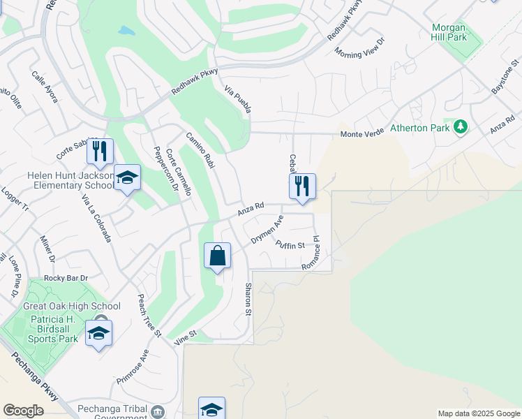 map of restaurants, bars, coffee shops, grocery stores, and more near 33032 Monte Drive in Temecula