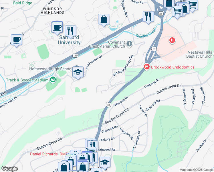 map of restaurants, bars, coffee shops, grocery stores, and more near 1001 Woodland Village in Birmingham