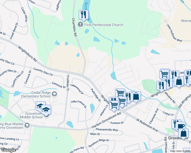 map of restaurants, bars, coffee shops, grocery stores, and more near 118 Brandimere Drive in Grovetown