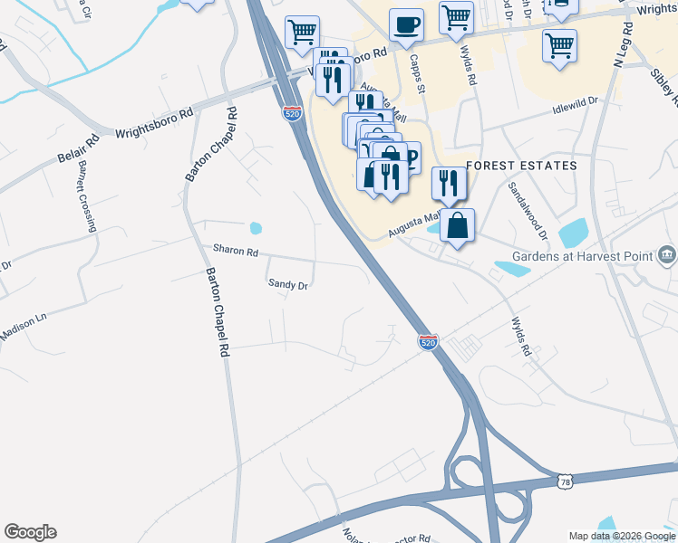 map of restaurants, bars, coffee shops, grocery stores, and more near 3436 Sharon Road in Augusta
