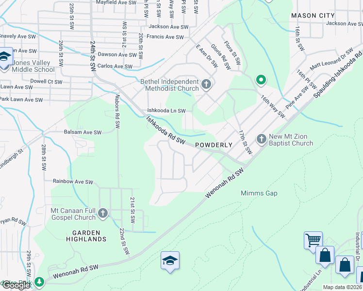 map of restaurants, bars, coffee shops, grocery stores, and more near 2416 Ishkooda Road Southwest in Birmingham