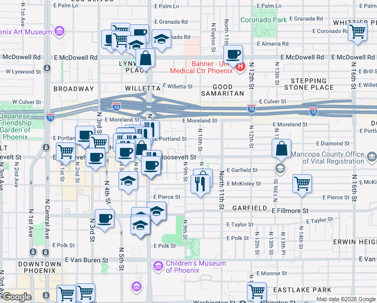 map of restaurants, bars, coffee shops, grocery stores, and more near 1010 North 9th Street in Phoenix