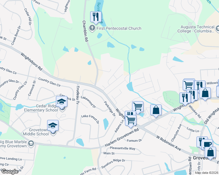 map of restaurants, bars, coffee shops, grocery stores, and more near 118 Brandimere Drive in Grovetown