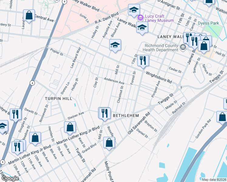 map of restaurants, bars, coffee shops, grocery stores, and more near 1539 Mill Street in Augusta
