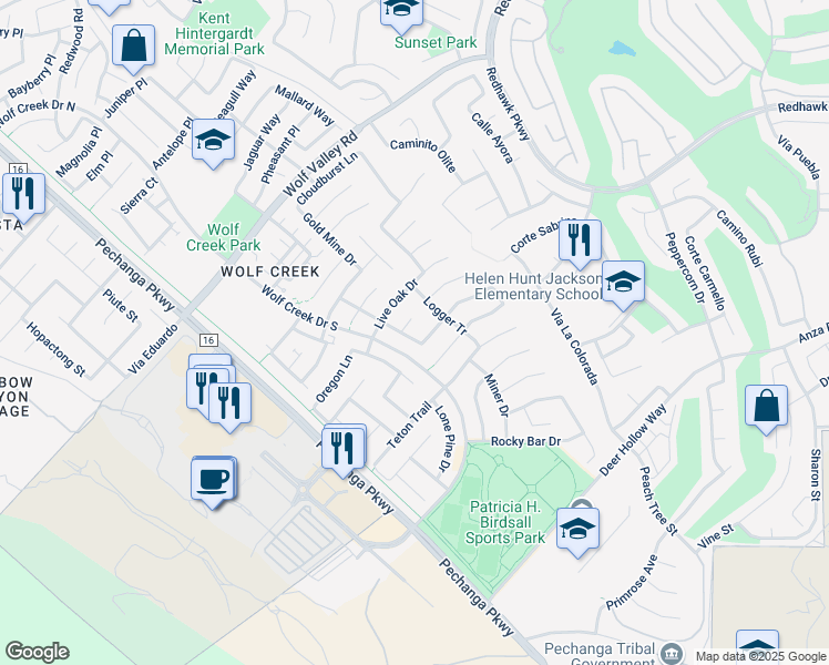 map of restaurants, bars, coffee shops, grocery stores, and more near 46134 Maple Drive in Temecula