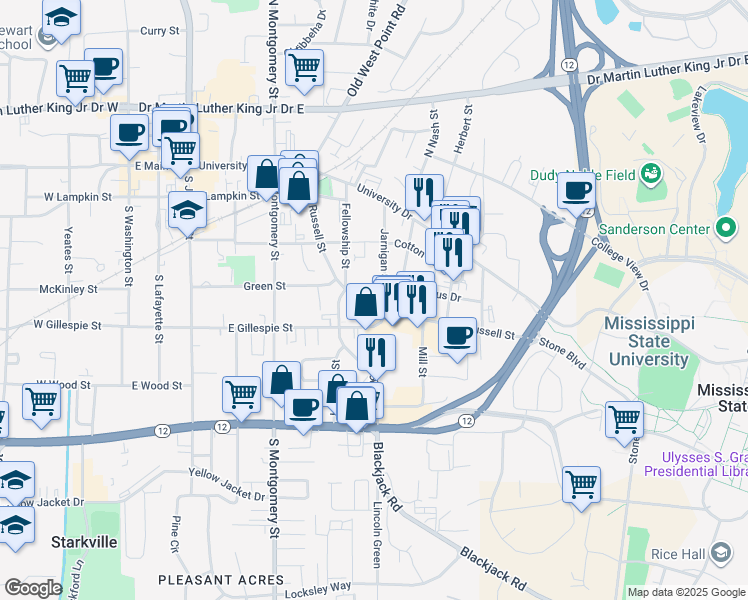 map of restaurants, bars, coffee shops, grocery stores, and more near 403 Russell Street in Starkville