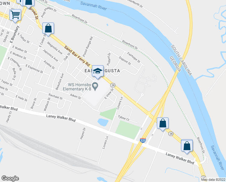 map of restaurants, bars, coffee shops, grocery stores, and more near 501 Sterling Street in Augusta