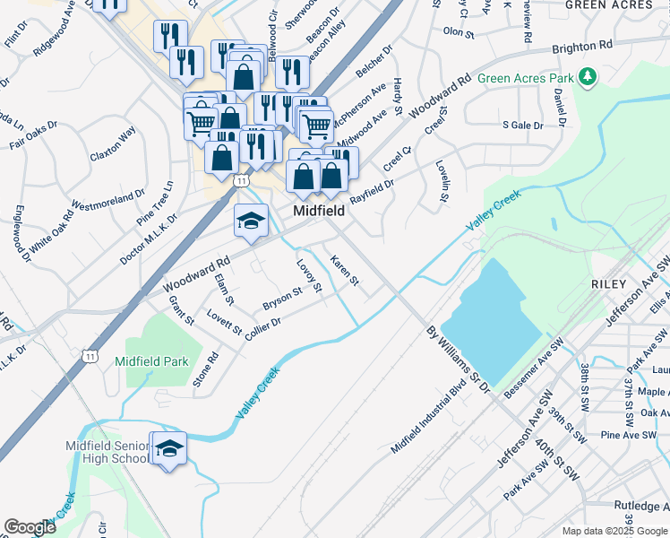 map of restaurants, bars, coffee shops, grocery stores, and more near 524 Karen Street in Midfield