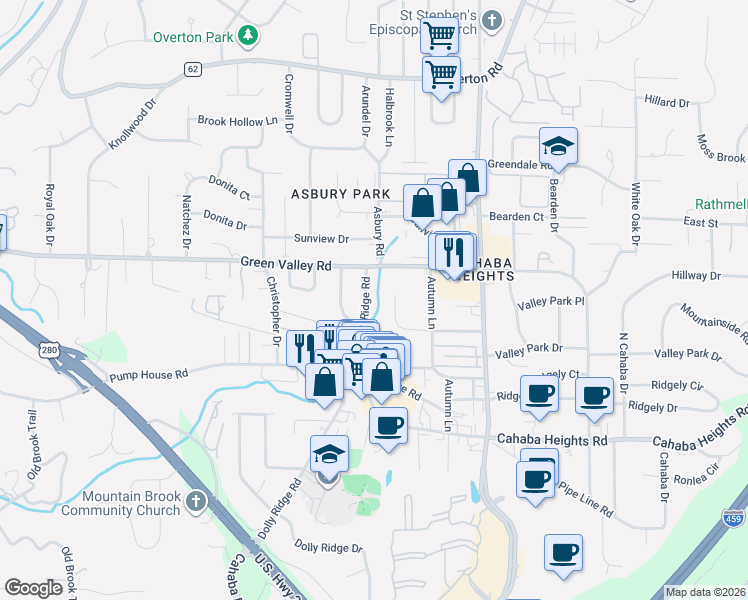 map of restaurants, bars, coffee shops, grocery stores, and more near 4017 Dolly Ridge Rd in Vestavia Hills