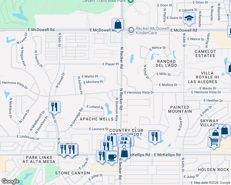 map of restaurants, bars, coffee shops, grocery stores, and more near 2352 North Shannon Way in Mesa