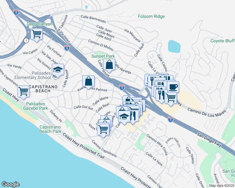map of restaurants, bars, coffee shops, grocery stores, and more near 27002 Avenida Las Palmas in Dana Point