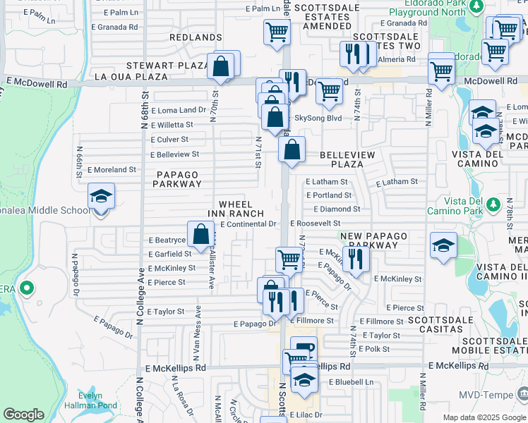 map of restaurants, bars, coffee shops, grocery stores, and more near 7110 East Continental Drive in Scottsdale