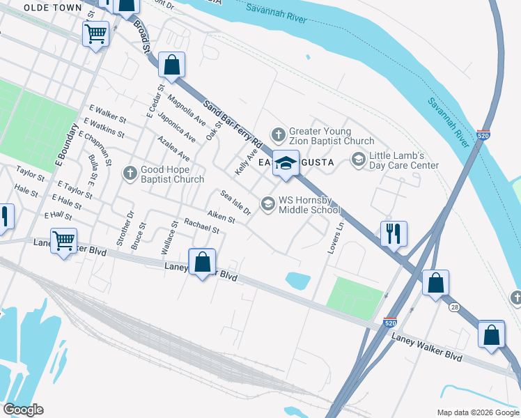 map of restaurants, bars, coffee shops, grocery stores, and more near in Augusta