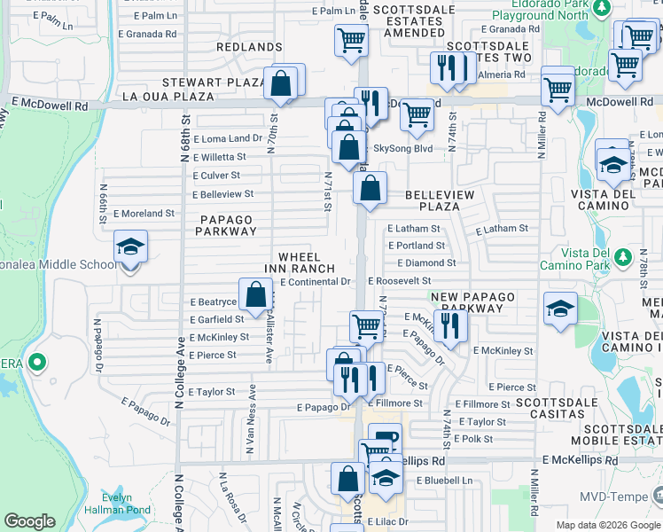 map of restaurants, bars, coffee shops, grocery stores, and more near 7110 East Continental Drive in Scottsdale