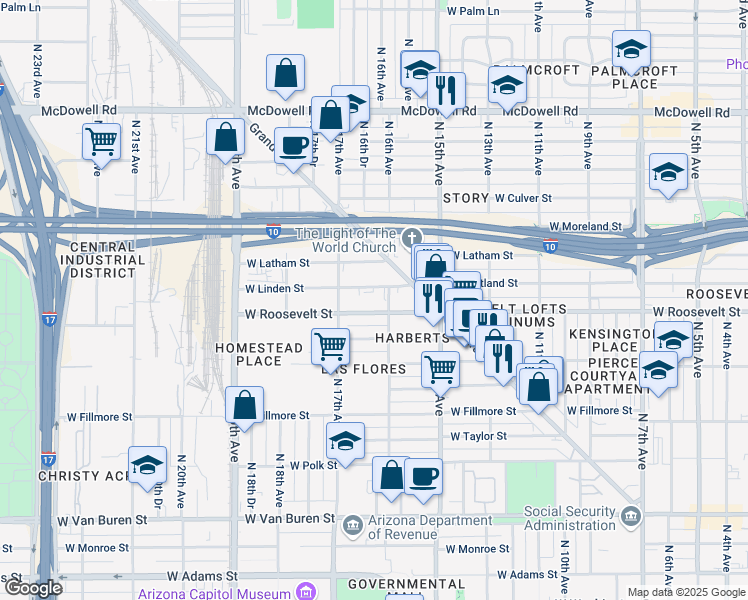 map of restaurants, bars, coffee shops, grocery stores, and more near 1538 West Roosevelt Street in Phoenix