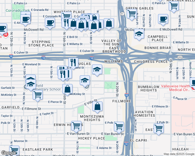 map of restaurants, bars, coffee shops, grocery stores, and more near 1830 East Roosevelt Street in Phoenix