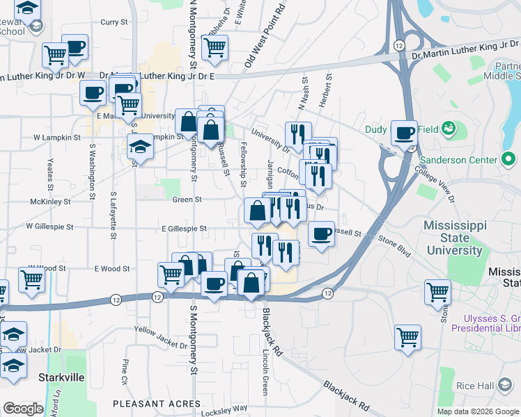 map of restaurants, bars, coffee shops, grocery stores, and more near 403 Russell Street in Starkville