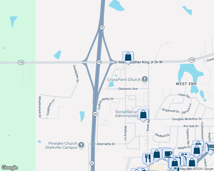 map of restaurants, bars, coffee shops, grocery stores, and more near 176-278 Clements in Starkville