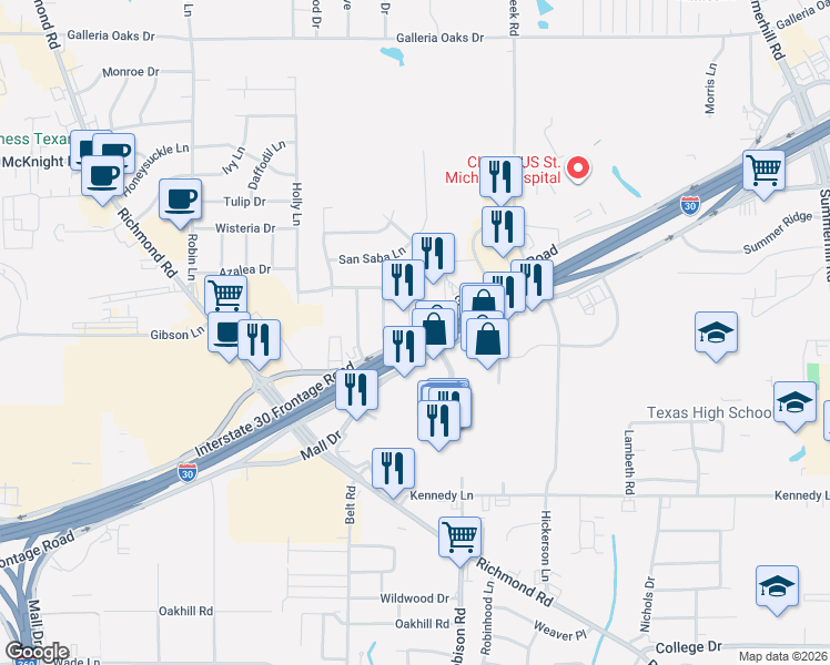 map of restaurants, bars, coffee shops, grocery stores, and more near 3122 Saint Michael Drive in Texarkana