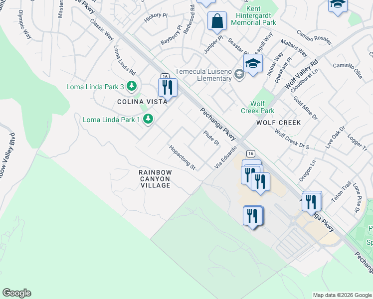 map of restaurants, bars, coffee shops, grocery stores, and more near 45725 Jeronimo Street in Temecula