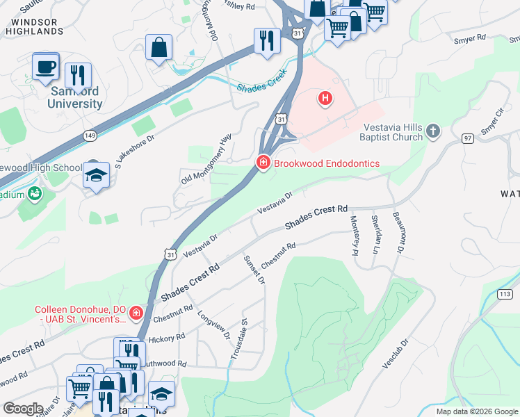 map of restaurants, bars, coffee shops, grocery stores, and more near 2404 Vestavia Drive in Vestavia Hills