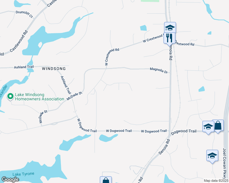 map of restaurants, bars, coffee shops, grocery stores, and more near 115 Rockhurst Chase in Tyrone
