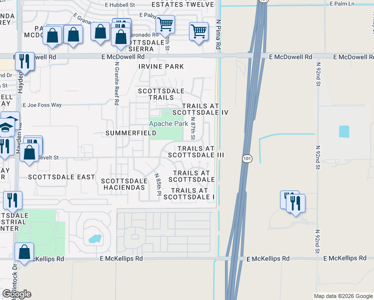 map of restaurants, bars, coffee shops, grocery stores, and more near 8700 East Diamond Street in Scottsdale