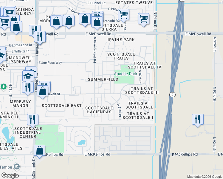 map of restaurants, bars, coffee shops, grocery stores, and more near 8524 East Roosevelt Street in Scottsdale