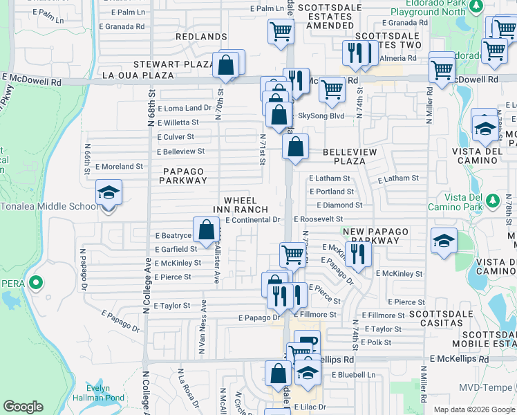map of restaurants, bars, coffee shops, grocery stores, and more near 7110 East Continental Drive in Scottsdale