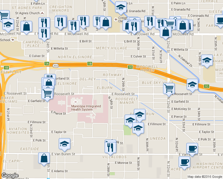 map of restaurants, bars, coffee shops, grocery stores, and more near 1015 North 28th Street in Phoenix