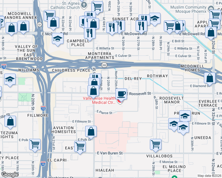 map of restaurants, bars, coffee shops, grocery stores, and more near 1006 North 25th Place in Phoenix