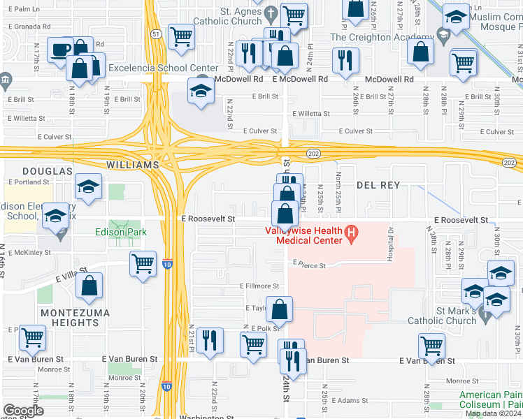 map of restaurants, bars, coffee shops, grocery stores, and more near 2310 East Roosevelt Street in Phoenix