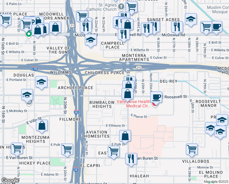 map of restaurants, bars, coffee shops, grocery stores, and more near 2310 East Roosevelt Street in Phoenix