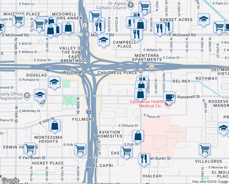 map of restaurants, bars, coffee shops, grocery stores, and more near 2232 East Roosevelt Street in Phoenix