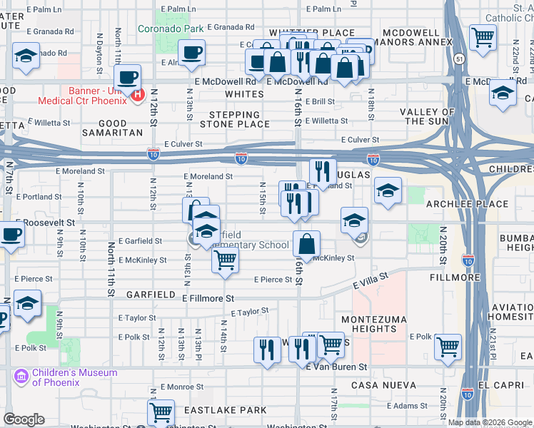 map of restaurants, bars, coffee shops, grocery stores, and more near 1446 East Roosevelt Street in Phoenix