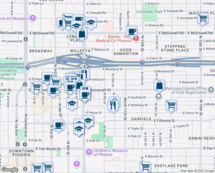 map of restaurants, bars, coffee shops, grocery stores, and more near 1010 North 9th Street in Phoenix