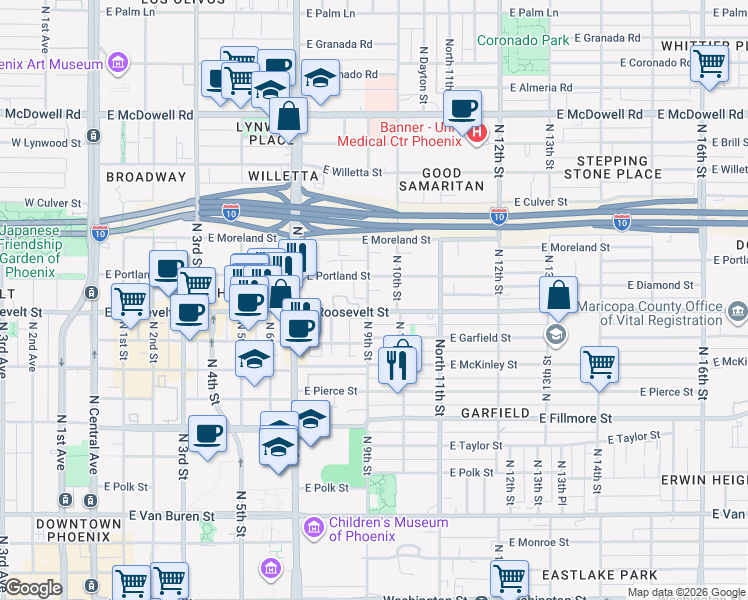 map of restaurants, bars, coffee shops, grocery stores, and more near 1010 North 9th Street in Phoenix