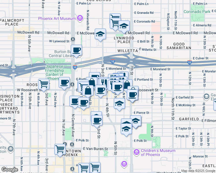 map of restaurants, bars, coffee shops, grocery stores, and more near 414 East Roosevelt Street in Phoenix