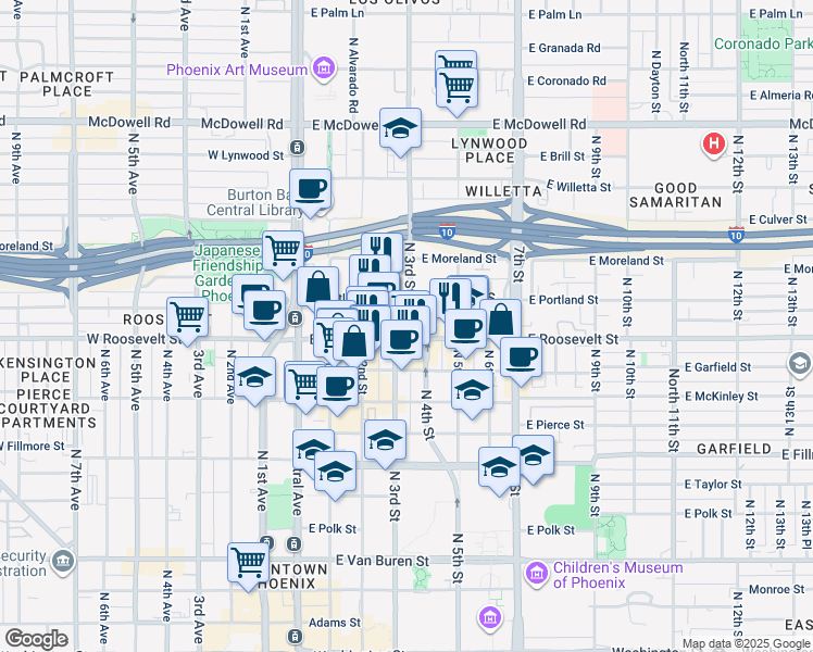 map of restaurants, bars, coffee shops, grocery stores, and more near 333 East Roosevelt Street in Phoenix