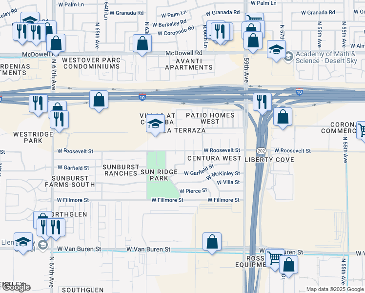 map of restaurants, bars, coffee shops, grocery stores, and more near 1001 North 62nd Avenue in Phoenix
