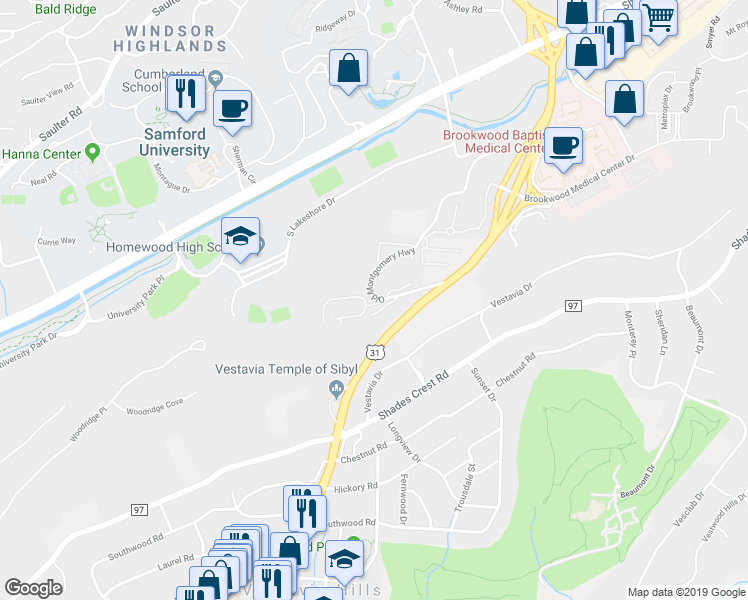 map of restaurants, bars, coffee shops, grocery stores, and more near 1103 Woodland Village in Birmingham